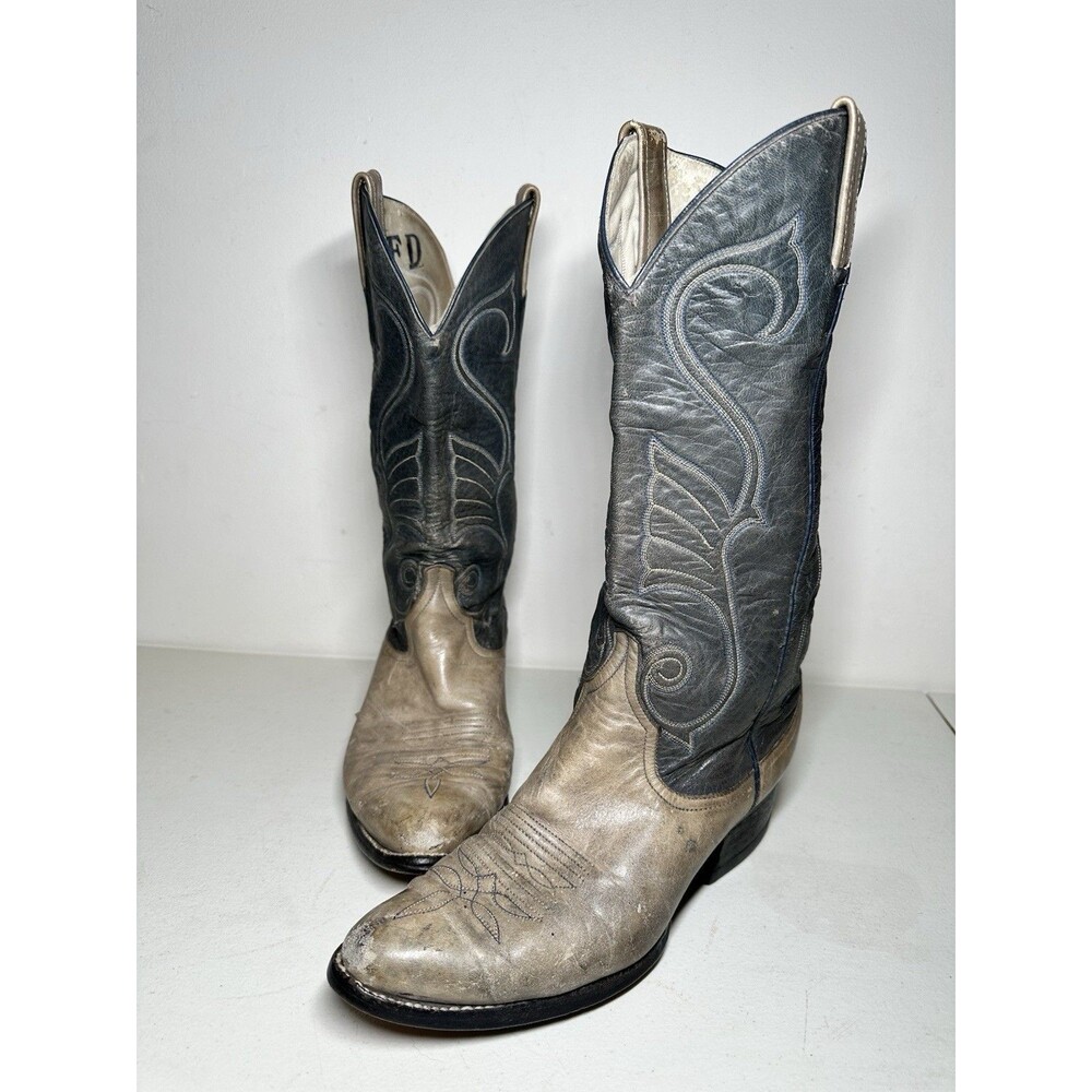 Vintage Larry Mahan Cowboy Boots Men's 8 D Two Tone Gray Blue Leather Cat’s Paw